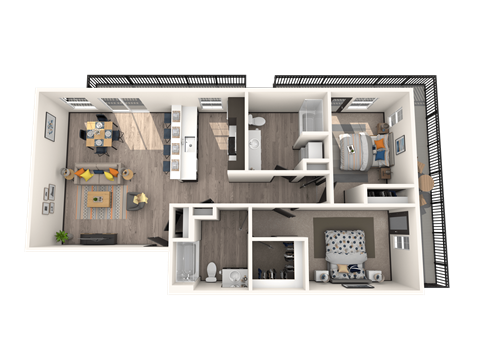 Floor plan for 2 beds, 2 baths, 989 sqft